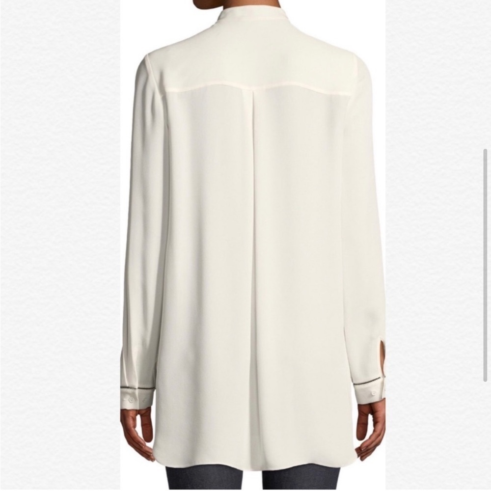 Elie Tahari Cream Long-Sleeve Pleated Silk Buttoned Tunic/Blouse with Navy Trim - Picture 3 of 13